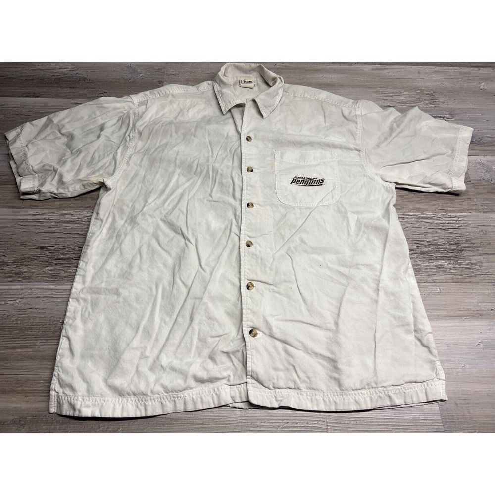 Vintage Pittsburgh Penguins Button Up Casual Shirt White Mens Sz L Lee Sport NHL
